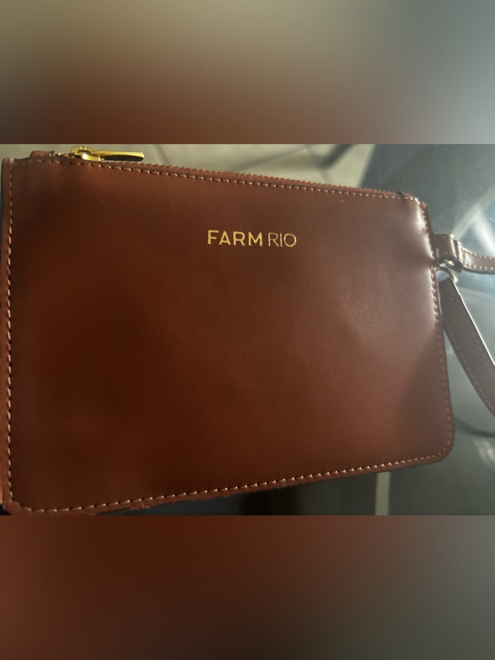 FARM RIO Chestnut Brown Leather Zip Wristlet with Gold Logo